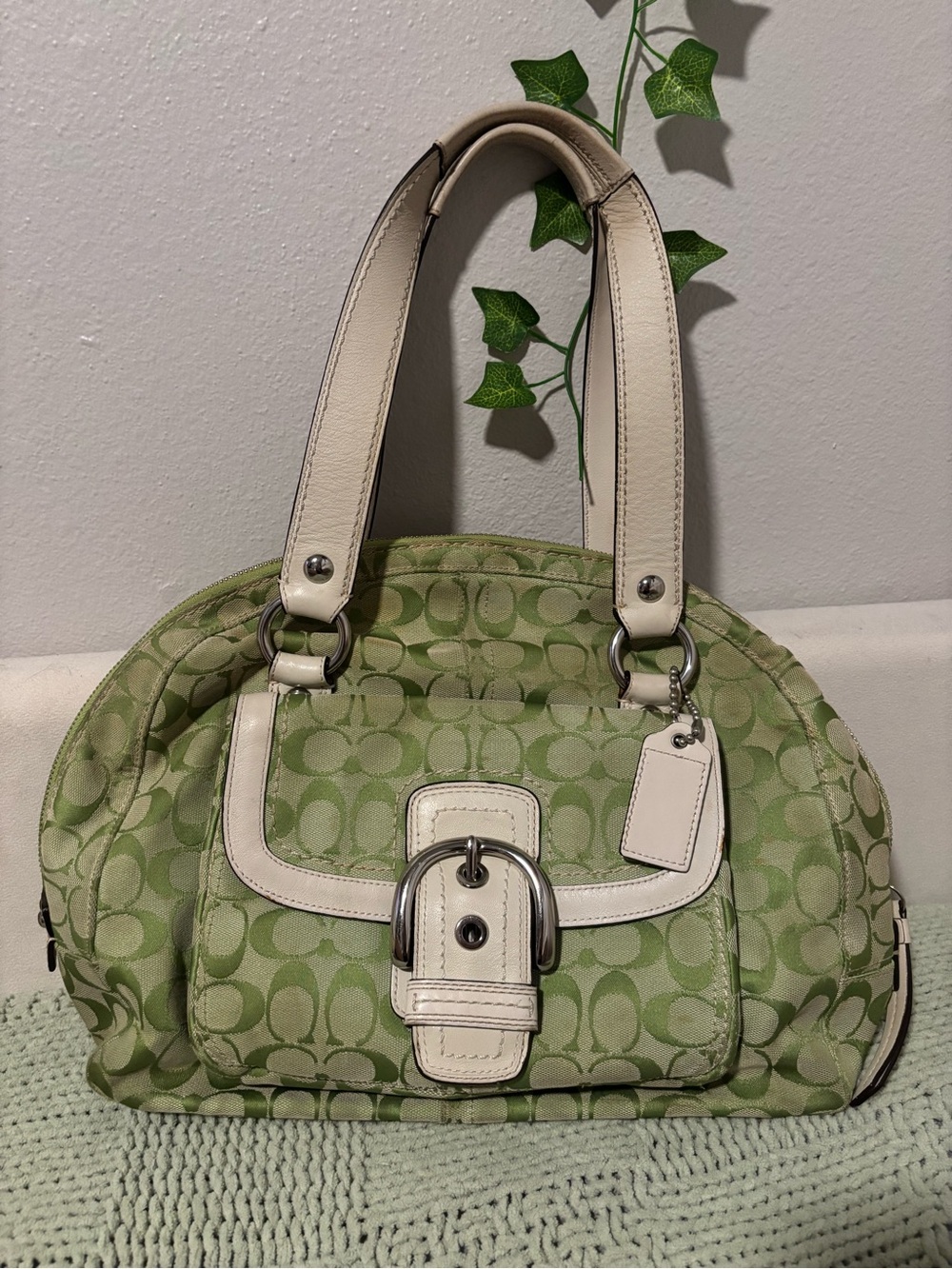 Coach lime Green Jacquard Satchel with Cream Leather Trim